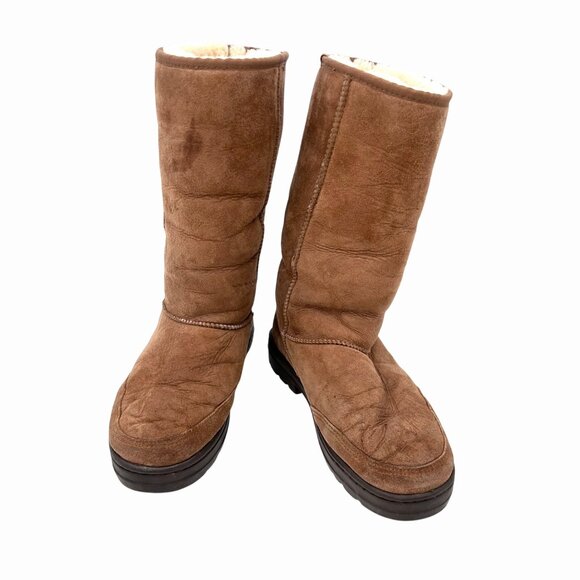 UGG ULTIMATE TALL BRAID CHESTNUT BROWN BOOTS SHEARLING LINED SUEDE - 7 - Picture 5 of 12